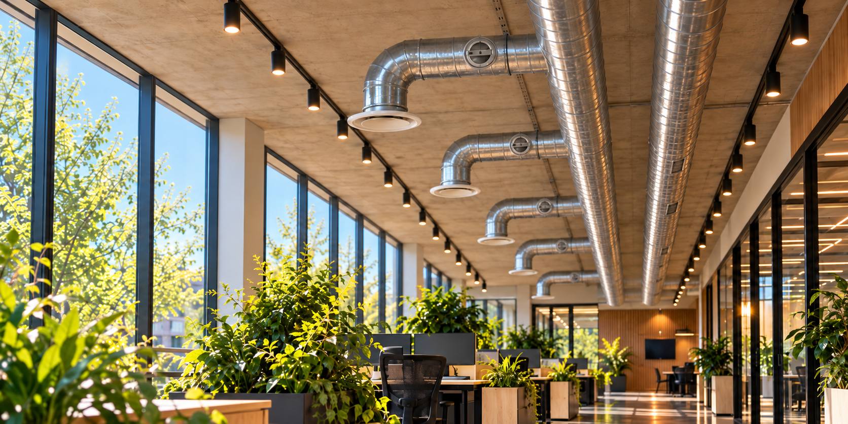 Moderne kantooromgeving met zichtbare klimaatinstallaties